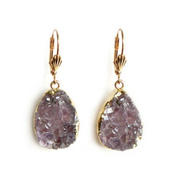 Gold plated Earrings made with gold dipped purple druzy amethyst stones - Picture 1 of 1